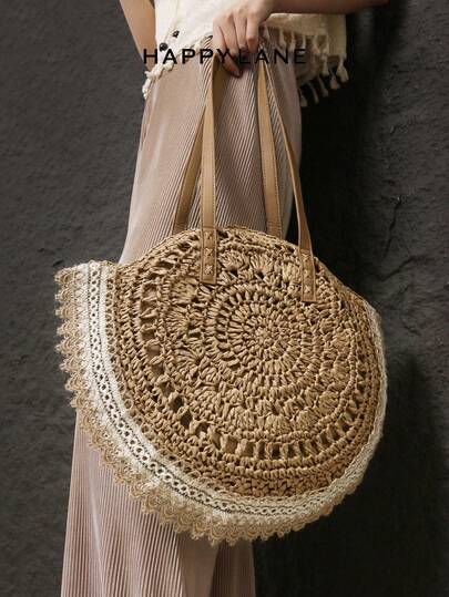 HAPPY LANE Handwoven Round Tote Bag, Natural Woven Texture, Lace Trim Soft, Brown Leather Wide Strap, Vacation Style Women Handbag