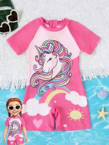 Pink Cartoon Unicorn Print Girls' One-Piece Swimsuit, Summer Holiday - Hot Pink - View 1