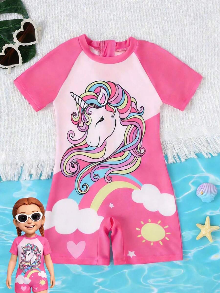 Pink Cartoon Unicorn Print Girls' One-Piece Swimsuit, Summer Holiday - Hot Pink - View 1