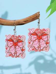 一对独特的爱心蝴蝶结XOXO亚克力吊坠耳环，时尚可爱，适合女性日常佩戴、派对、通勤、度假等场合。 - 彩色 - 查看 3