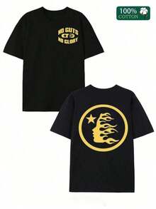 Double-Sided Digital Flame Face Printed-Shirt With  Motif Breathable-Shirt |   Avant-Garde Casual Wear 1Pcs Casual Soft Short Sleeve% Cotton 220gsm - Black 5 - View 2