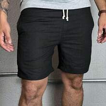 Set Of 3 Men's Linen Shorts, Casual Summer Style, Lightweight, Comfortable, Elastic Waistband With Drawstring - xanh quân đội - Xem 5