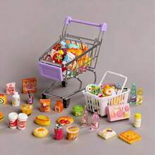 Mini Realistic Doll House Shopping Cart, With Toy Food And Accessories - 4-Wheel Sturdy Frame, Open Shopping Basket And Bottom Storage, Color-Coded (Pink/Green/Blue), Suitable For Role Play, Doll House Decor And Theme Parties - Compatible With Dolls And Figurines - Includes Mini Grocery Food And Toy Food, Sturdy Wheels For Easy Mobility, Compact And Practical Design To Inspire Imaginative Play - Multicolor - View 12