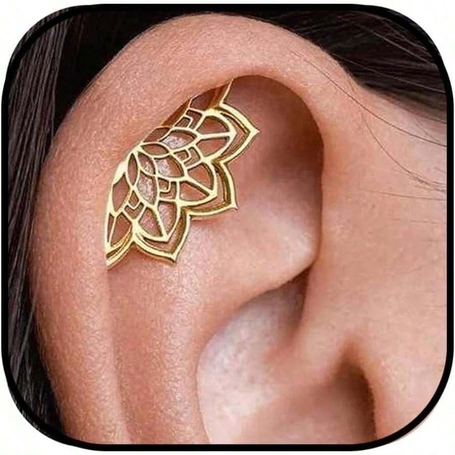 Gold Silver Cartilage Helix Earring Women Geometric Mandala Flower Hidden Helix Piercing Earrings Hypoallergenic Cartilage Piercing Earring Jewelry Women - 金花 - 查看 1