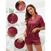 Silk Pajamas, Short Sleeve Button-Down Satin Pajama Set, Ruffle Design - Apricot - View 3
