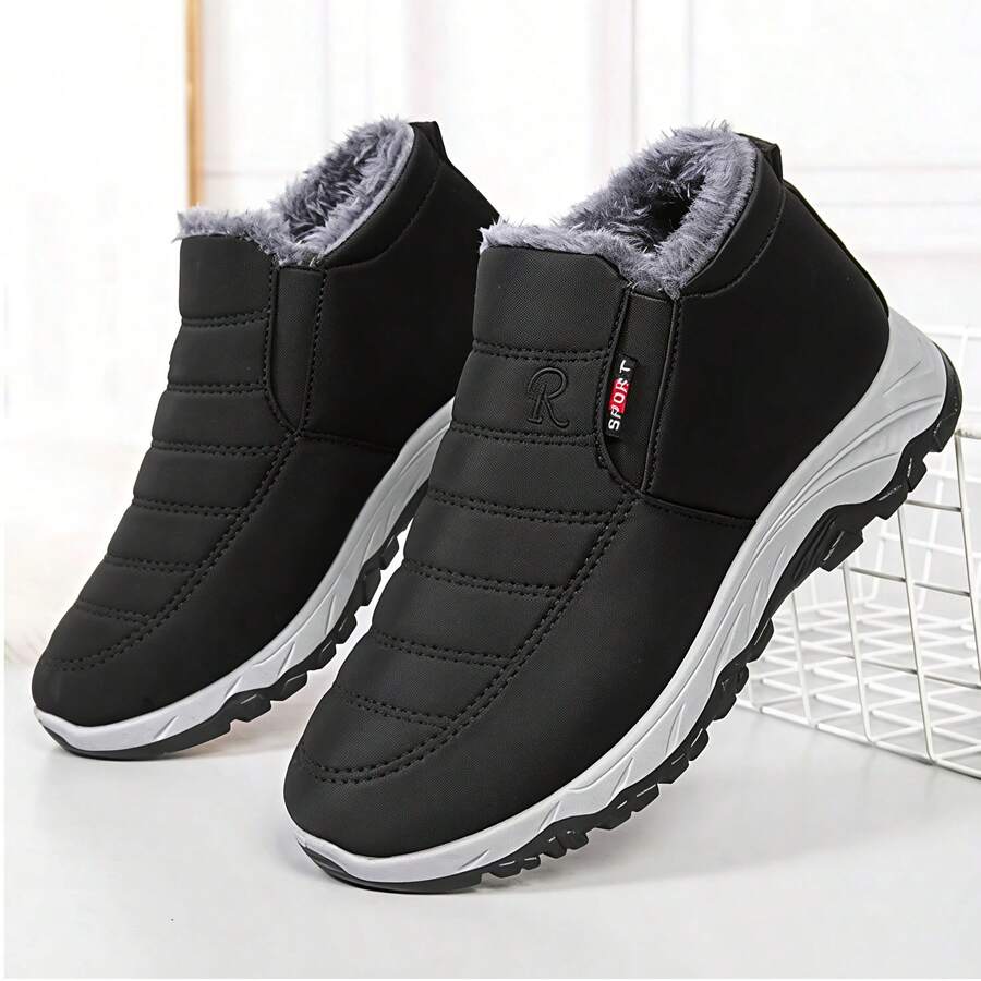 男女通用情侣雪地靴，秋冬季户外运动鞋/靴，女士踝靴，男士冬季靴/踝靴，秋冬季踝靴，徒步靴，户外露营登山靴，男士冬季套脚鞋，黑色/蓝色户外运动安全鞋/靴，适合秋冬季的女士雪地靴 - 黑色 - 查看 1