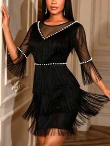 Đầm ngắn AOMEI màu đen thanh lịch dành cho nữ, đính tua rua, viền ngọc trai, tay áo voan mỏng, ôm dáng, phù hợp cho tiệc cocktail và các sự kiện cưới hỏi mùa xuân. - màu đen - Xem 2