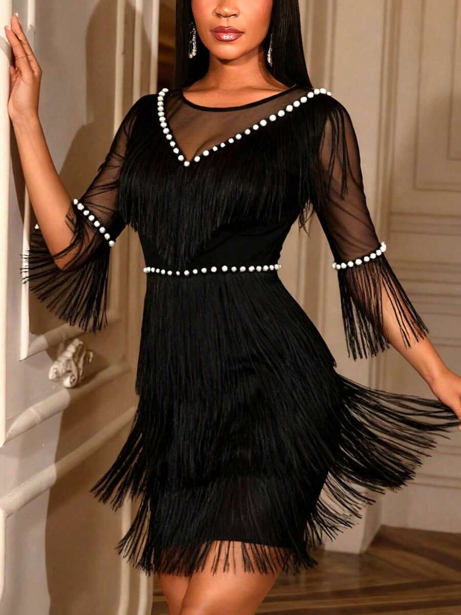 Đầm ngắn AOMEI màu đen thanh lịch dành cho nữ, đính tua rua, viền ngọc trai, tay áo voan mỏng, ôm dáng, phù hợp cho tiệc cocktail và các sự kiện cưới hỏi mùa xuân.