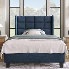 Modern Upholstered Bed With Padded Headboard. Single Bed With Slatted Base, 90 X 200 Cm, In Blue Linen, Medium Firmness (Mattress Not Included). - Blue + Linen + 90cm*200cm - View 1