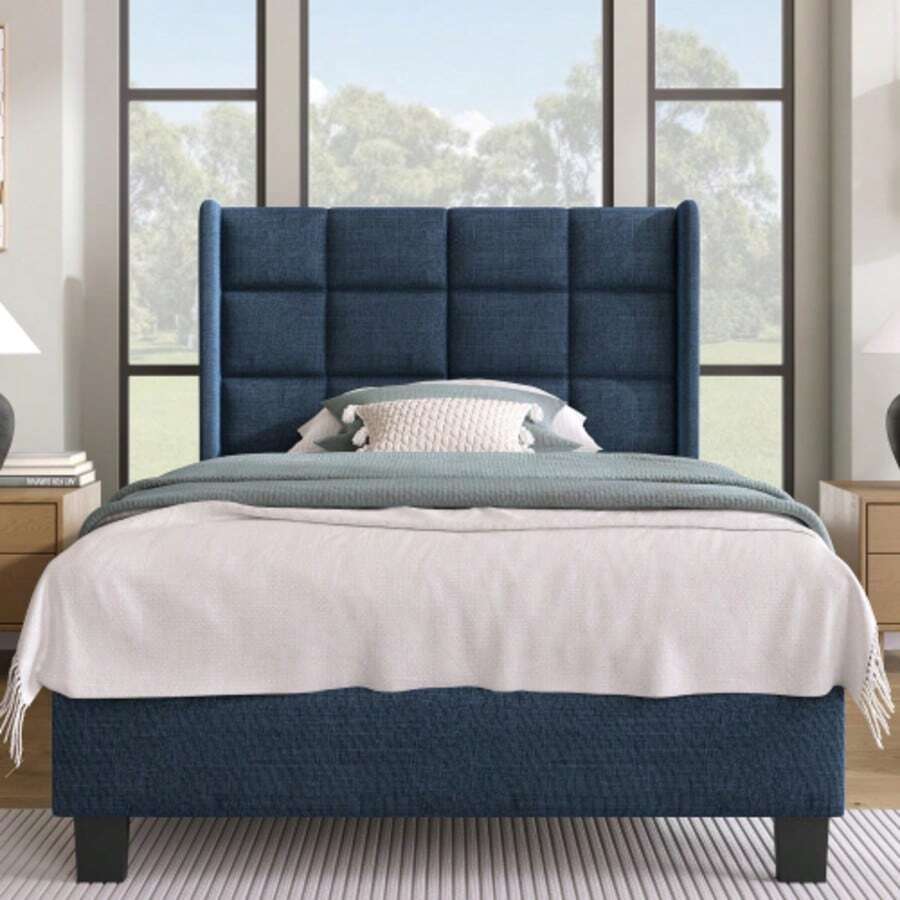 Modern Upholstered Bed With Padded Headboard. Single Bed With Slatted Base, 90 X 200 Cm, In Blue Linen, Medium Firmness (Mattress Not Included). - Blue + Linen + 90cm*200cm - View 1