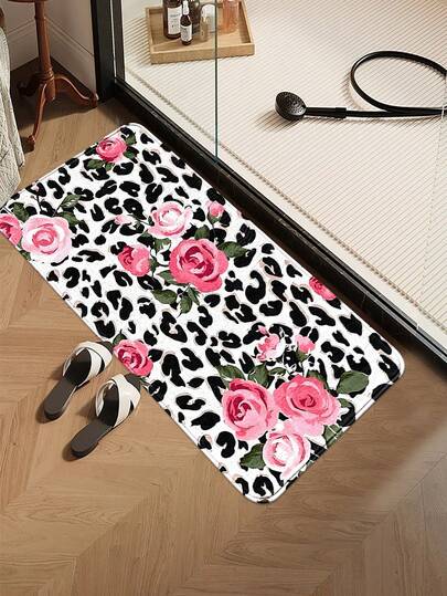1pc Valentine's Day Leopard Rose Bathroom Rug, Soft Faux Wool Luxurious Vintage Style Non-Slip Long Mat, Short Plush Small Doormat, Living Room Carpet, Suitable For Bathroom, Bedroom, Kitchen, Foyer, Window Sill, Housewarming, Wedding Gift, Holiday Decor, Multiple Sizes Available (62.99*70.87inch)