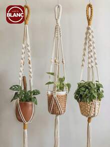 1件/3件套手工编织植物吊篮，室内悬挂式花盆篮，带木珠，装饰性花盆架，带流苏，不含篮子，房间装饰，卧室装饰，家居装饰，墙面装饰 - 白色 - 查看 1