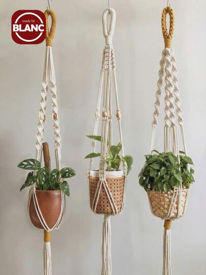 1件/3件套手工编织植物吊篮，室内悬挂式花盆篮，带木珠，装饰性花盆架，带流苏，不含篮子，房间装饰，卧室装饰，家居装饰，墙面装饰