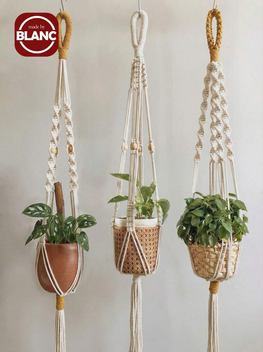 1件/3件套手工编织植物吊篮，室内悬挂式花盆篮，带木珠，装饰性花盆架，带流苏，不含篮子，房间装饰，卧室装饰，家居装饰，墙面装饰 - 白色 - 查看 1