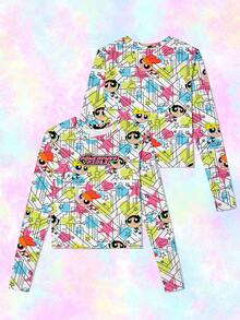 SHEIN X Powerpuff Girls Women's Cute Multicolor Print Top - Comfortable Cute Casual Style, Suitable For Daily Wear - Multicolor - View 1