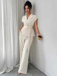 Women's Elegant Tie-Front Sleeveless Top And Wide-Leg Pants Set, Made Of Non-Stretch Fabric, Suitable For Spring/Summer Wear - Apricot - View 7