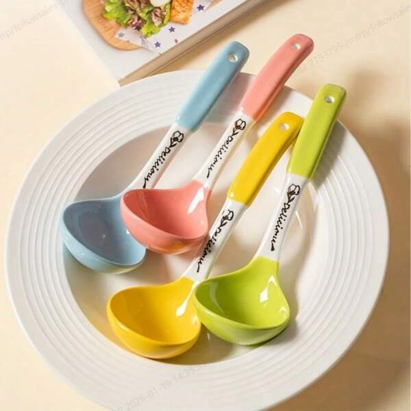 Cuillère à soupe en céramique, cuillère à ramen pour la maison, cuillère à soupe profonde à long manche pour remuer la soupe et le porridge, tête ronde mignonne et de haute qualité