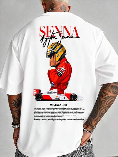Stylisches T-Shirt mit Rennwagen-Print, bequemes Kurzarmhemd aus reiner Baumwolle für Herren, lässiger Streetstyle, T-Shirt mit "F1"-Motiv, modische Streetwear, bequem für den Alltag, perfekt für den Sommer.