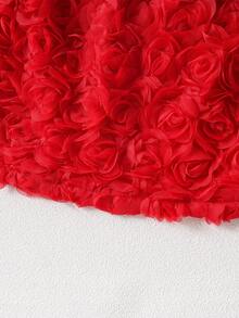 2pcs/Set Girls' Elegant Pearl Button Halter Top And 3D Rose Skirt Set, Spring/Summer - Red - View 9