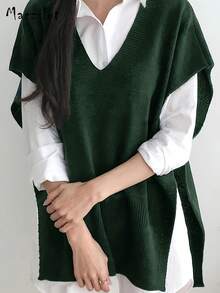 大码女式套头毛衣，休闲舒适V领无袖针织上衣 - 墨綠色 - 查看 4