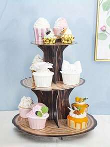 1 Piece Wood Grain Rustic Style Decorative Cake Stand, Cake Stand Multi-Tier Cake Tray, Suitable For Party Birthday, Wedding Halloween Festival Table DIY Cake Decoration Party Supplies Cake Decoration, Food Tray - Multicolor - View 1
