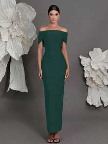 露肩绷带针织紧身连衣裙，奢华欧式风格，修身铅笔裙，适合家庭聚会、派对、宴会、婚礼等春季派对。 - 墨綠色 - 查看 1