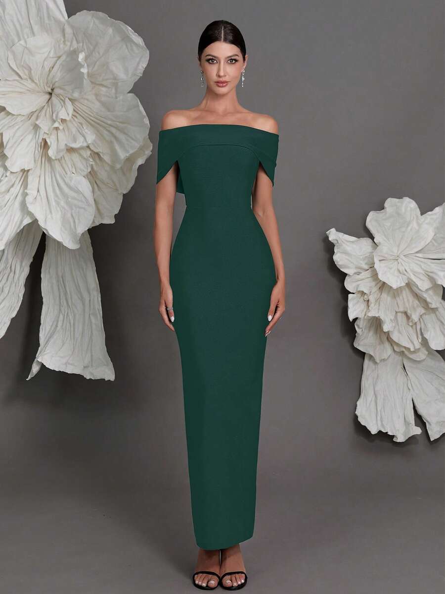 露肩绷带针织紧身连衣裙，奢华欧式风格，修身铅笔裙，适合家庭聚会、派对、宴会、婚礼等春季派对。 - 墨綠色 - 查看 1