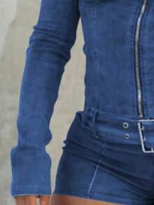 Lady's Two-Piece Set, New Denim Short Set, Long Sleeves, Stretch Shorts, Belt - Màu xanh lam - Xem 2