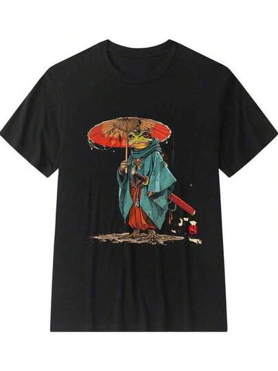 Herr-T-shirts, moderiktigt tryck, casual herr-T-shirt med retro-mönster av japansk samurai och groda, anime - Retro lös passform, t-shirt med rött paraply, samuraikrigardesign - Mjuk, andningsbar skjorta, lämplig för cosplay, temaevenemang och fritidskläder - Anime-inspirerade kläder, moderiktig T-shirt med tryck, casual, sommar-T-shirt, bekväma utomhuskläder