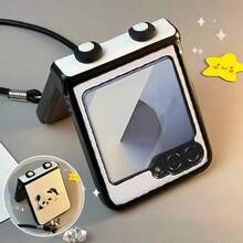 可爱趣味熊猫白色手机壳，带皮质挂绳，兼容三星 Galaxy ZFlip7、Z Flip6、ZFlip 5，防震后盖 - 白色 - 查看 4