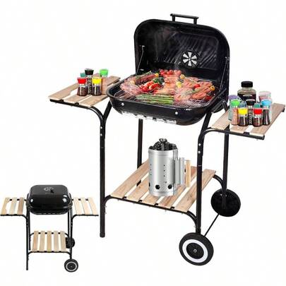 Asador de Carbn, Parrilla Grill Para ahumador al aire libre con mesas auxiliares, 3 Estantes de Almacenamiento de Madera, Asador de Carbon para Exteriores, color negro