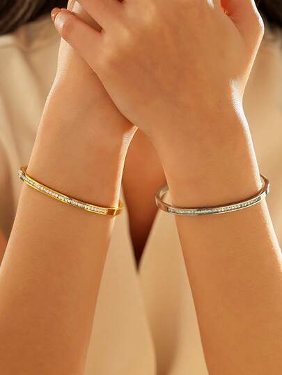 1 pieza Brazalete cuadrado de acero inoxidable chapado en oro de 18K con circonita cúbica, lujoso y versátil, disponible en set o colores individuales, adecuado para uso diario de mujeres o como regalo