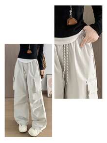 [New Sensation] Y2k Tops Korean Unnie Spring Clothes Summer Clothes Cargo Pants Bottoms Women's Pants Korean Fashion Knit Pants Sweatpants Office Casual Wide Pants Women's Pants Sweatshirt Spring Summer Domestic Shipping Comfortable To Wear Body Covering Straight Loose High Waist Elastic Stretch Available In Sizes To Suit Petite To Tall Women, And The Stretchy Elastic Waist Design Makes It Easy To Put On And Take Off. Clean And Sharp Cut. - Be - Xem 9