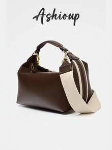 Women's Fashionable Bowling Bag, Adjustable Shoulder Strap, Canvas & PU Leather Small Square Shoulder Bag - Coffee - View 1