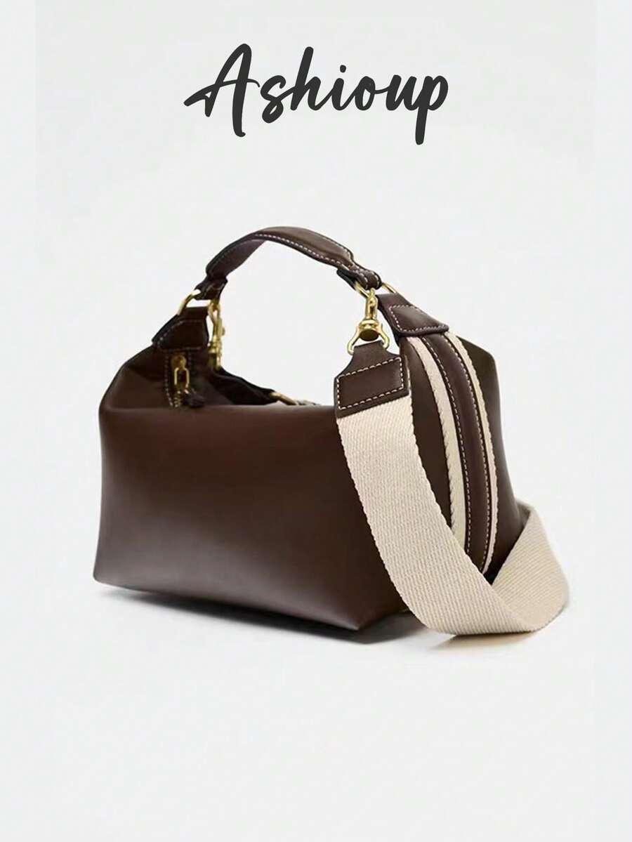 Women's Fashionable Bowling Bag, Adjustable Shoulder Strap, Canvas & PU Leather Small Square Shoulder Bag - Coffee - View 1
