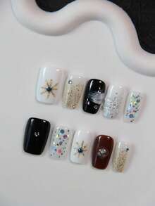 10pcs Handmade Square Coffin Nail Stickers, Acrylic Nail Art Decals With Black, Shiny, Gold Hexagram Pattern For Short Nails, Reusable Nail Decorations Suitable For Women And Girls, Great Gift For Party, Wedding, Daily Wear, With Tool Kit - Black - View 4