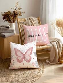 4 件套浅粉色蝴蝶叶子印花枕套，适用于客厅和卧室，涤纶材质，可机洗 - 粉色 - 查看 9