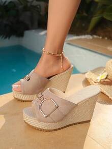 Giày sandal đế xuồng thời trang nữ, quai ngang dệt kim khóa vàng, giày cao gót đế xuồng, đa năng cho sinh hoạt hàng ngày, đi làm, giải trí, du lịch, dự tiệc. - Màu be - Xem 2