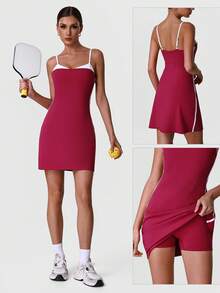 Sodalemon Women's Contrast Color Workout Fitness Dress, Elastic Sports Casual Yoga Dress With Contrast Lining Summer - Red Violet - View 9