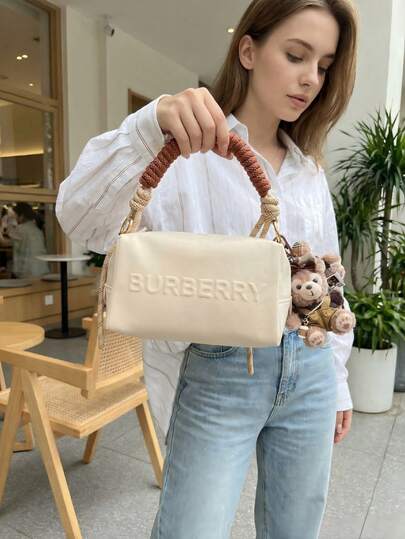 Burberry 1pc White Linen Cosmetic Storage Bag, With Top Handle, Size 22*10*12.5cm, Portable Toiletry Bag, Multi-Functional For Daily Use, Travel, Home Organization