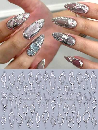 2pcs 5D Glitter Silver Asymmetrical Hole Y2K Nail Stickers Embossed Asymmetrical Line Melt Hole Goth Design Relief Self Adhesive Nail Decals Silvery Nail Slider Manicure Decoration Salon DIY Accessories Supplies Nails