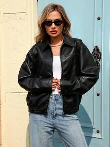 女士仿皮夹克，宽松机车飞行员夹克，Y2K风格 - 深黑色 - 查看 3