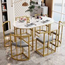 Set Of Six Tables And Chairs: (White Table With Black And Gold Iron Frame, Grey Chair Back Seat And Cushions), White, Gold. - Gold - View 2