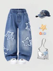 1pc Girls Casual Minimalist Star & Snowflake Print Denim Pants, Comfortable Daily Wear, Spring/Summer New Arrival - Dark Wash - View 1