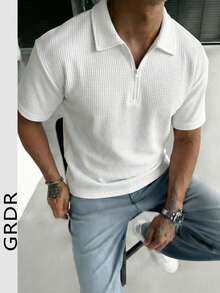 GRDR 1件简约纯色短袖拉链Polo衫，男士休闲上衣 - 白色 - 查看 1