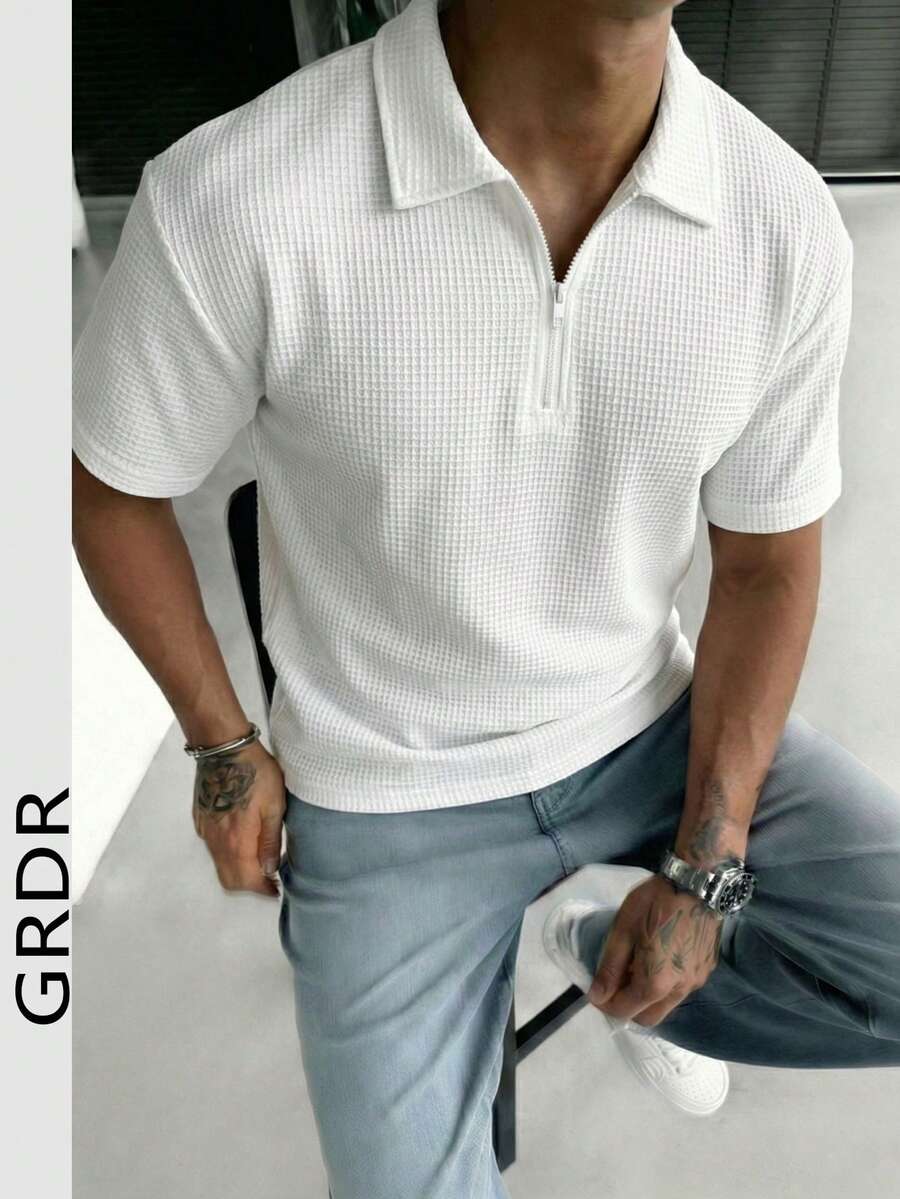GRDR 1件简约纯色短袖拉链Polo衫，男士休闲上衣 - 白色 - 查看 1