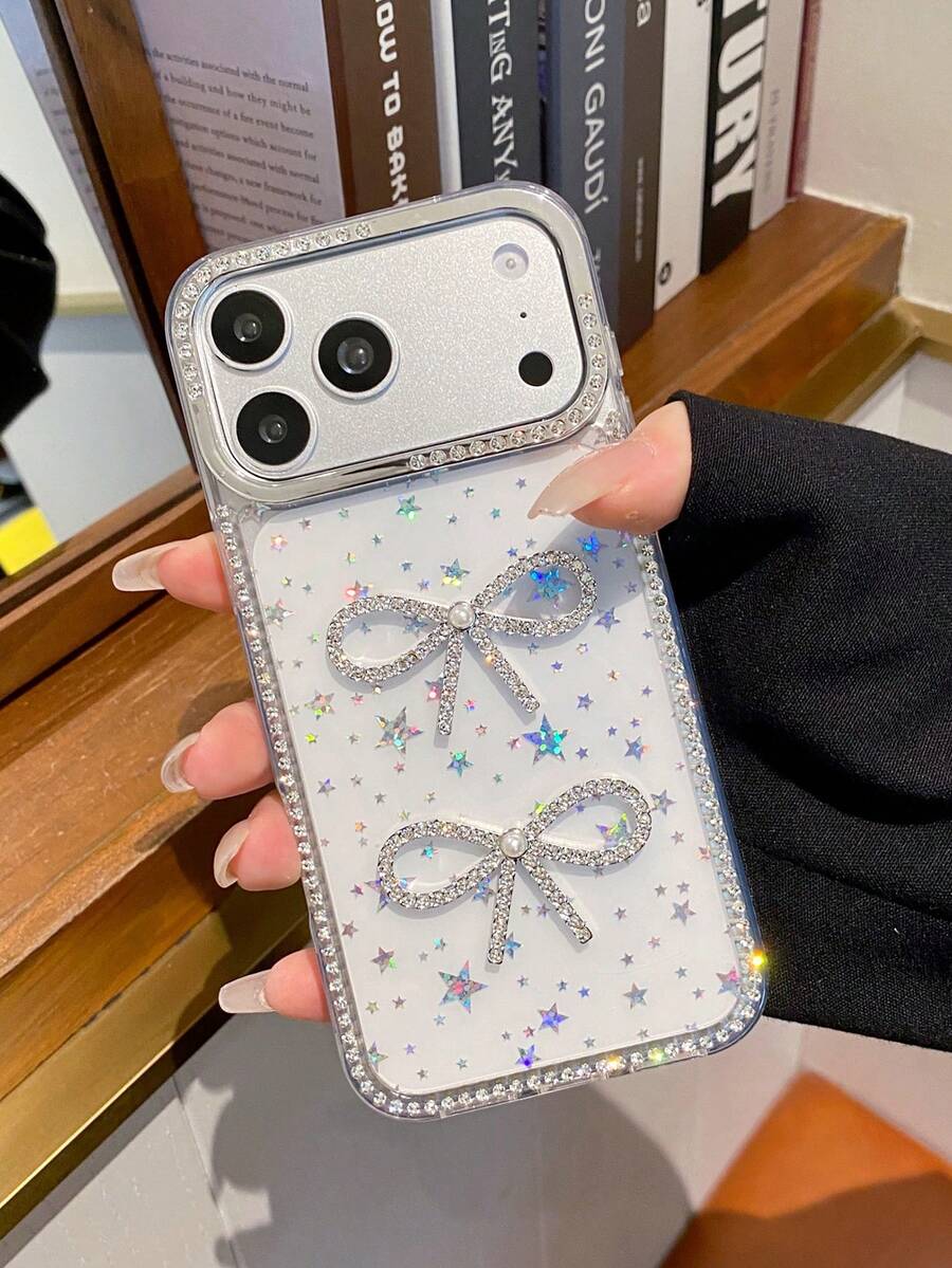 Minimalist Fashionable Star Rhinestone Diamond Bow Phone Case Compatible With IPhone 17 16 15 14 13 12 11 - White - View 1