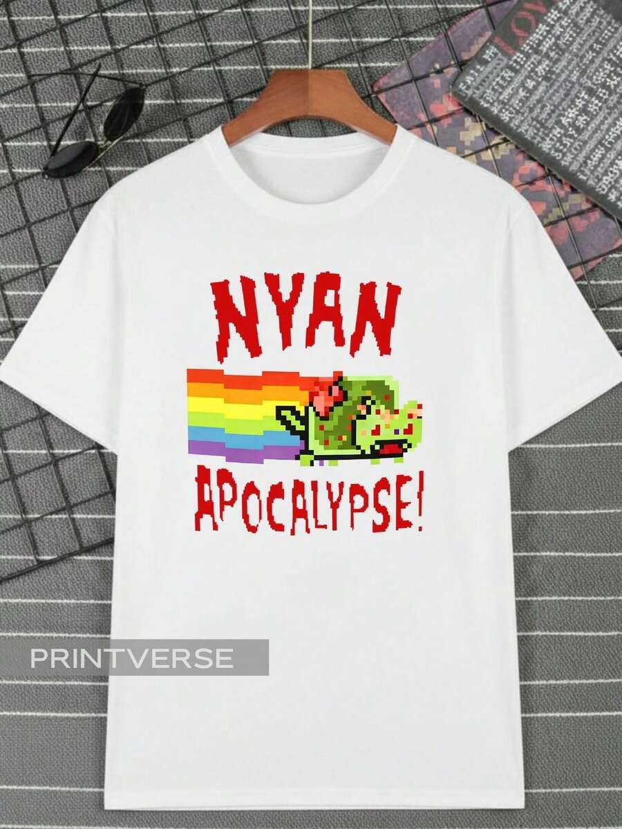 Nyan Apocalypse Cat Pixel Art Rainbow Flying Cat Gamer Colorful Classic Meme T-Shirt Unisex Plus Size - 白色 - 查看 1