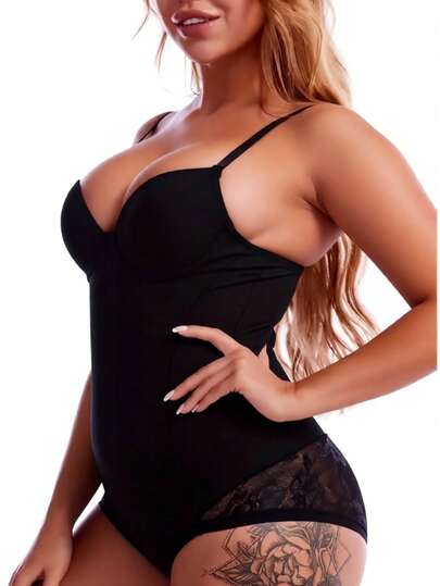 1件装，大码塑身内衣，大码女士塑身衣带文胸，大码女士束身衣，性感蕾丝臀部绑带，收腹，腰部支撑，胸部塑形，可外穿，面料翻边，裆部三排扣设计，保持女性身材