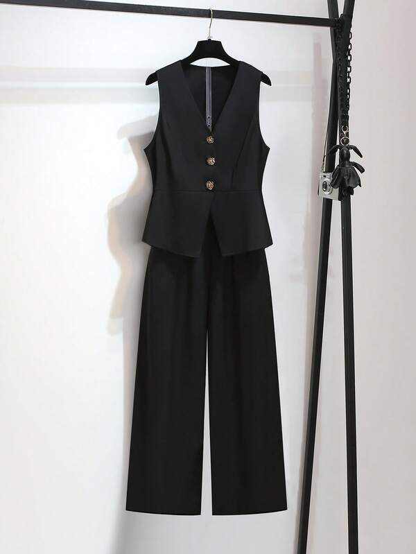 PARARAL 大码女装春夏时尚优雅纯色金属花朵装饰束腰背心、外套和裤子套装，适合女性办公室穿着、复古风格、优雅装扮以及夏季日常穿着。